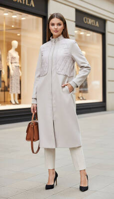 Mahza Kaşe Kumaş Astarlı Kapitone Detaylı 120 cm Kaban 7665 bej - Nihle