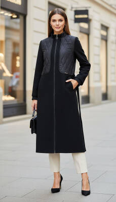 Mahza Kaşe Kumaş Astarlı Kapitone Detaylı 120 cm Kaban 7665 Siyah - Nihle