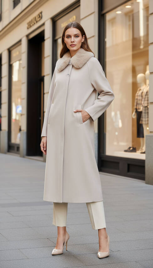 Mahza Kaşe Kumaş Astarlı Yakası Çıkarılabilir Kürklü 120 cm Kaban 7666 Bej - 1