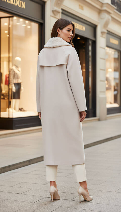 Mahza Kaşe Kumaş Astarlı Yakası Çıkarılabilir Kürklü 120 cm Kaban 7666 Bej - 2