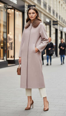 Mahza Kaşe Kumaş Astarlı Yakası Çıkarılabilir Kürklü 120 cm Kaban 7666Açık Kahve - Nihle