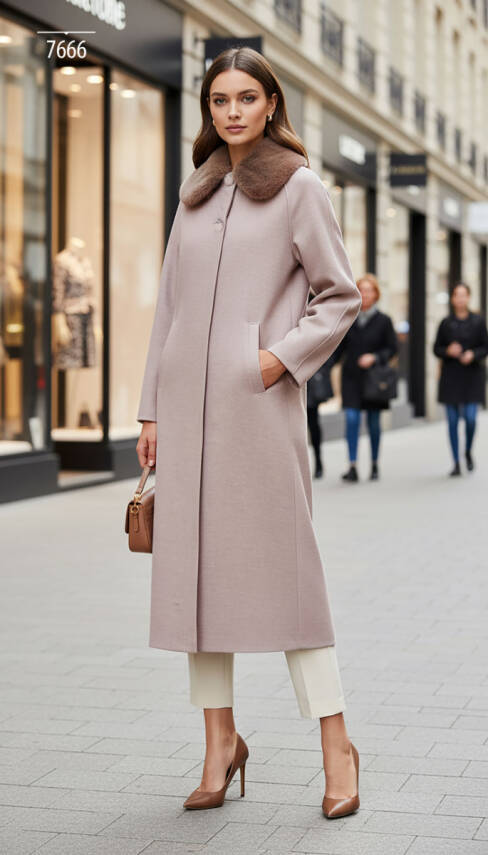 Mahza Kaşe Kumaş Astarlı Yakası Çıkarılabilir Kürklü 120 cm Kaban 7666Açık Kahve - 1