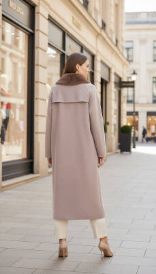 Mahza Kaşe Kumaş Astarlı Yakası Çıkarılabilir Kürklü 120 cm Kaban 7666Açık Kahve - 2