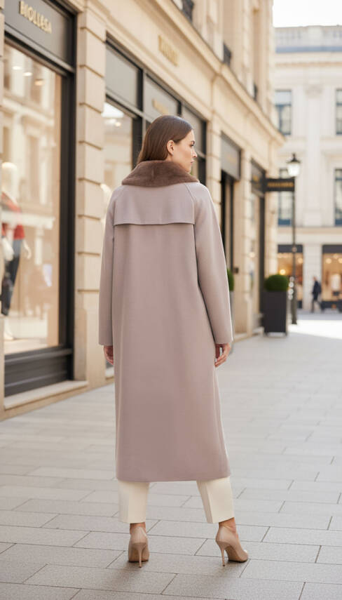 Mahza Kaşe Kumaş Astarlı Yakası Çıkarılabilir Kürklü 120 cm Kaban 7666Açık Kahve - 2