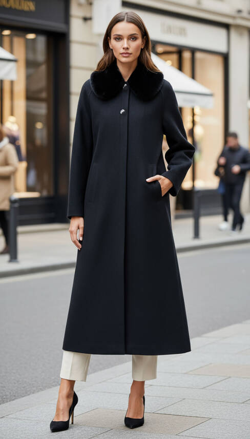 Mahza Kaşe Kumaş Astarlı Yakası Çıkarılabilir Kürklü 120 cm Kaban 7666 Siyah - 1