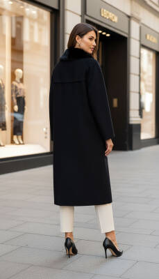 Mahza Kaşe Kumaş Astarlı Yakası Çıkarılabilir Kürklü 120 cm Kaban 7666 Siyah - 3