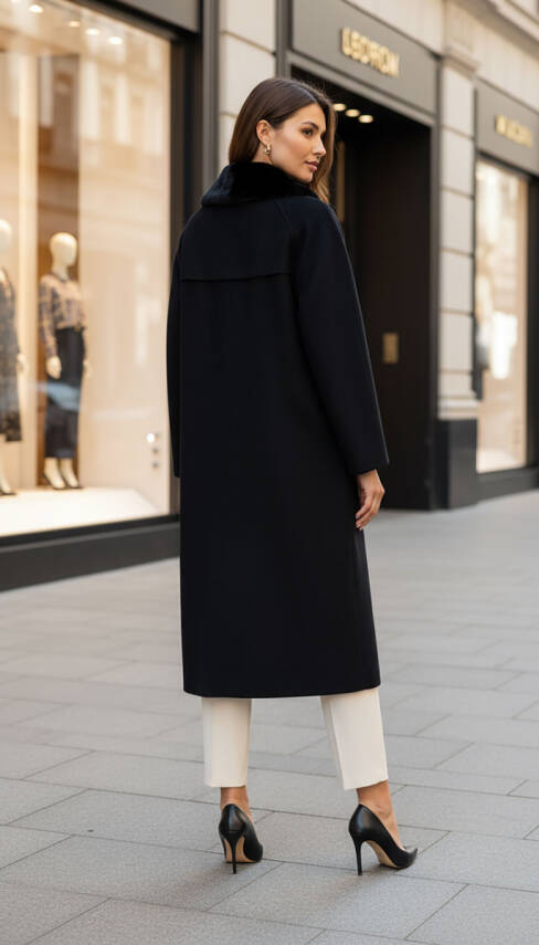 Mahza Kaşe Kumaş Astarlı Yakası Çıkarılabilir Kürklü 120 cm Kaban 7666 Siyah - 3