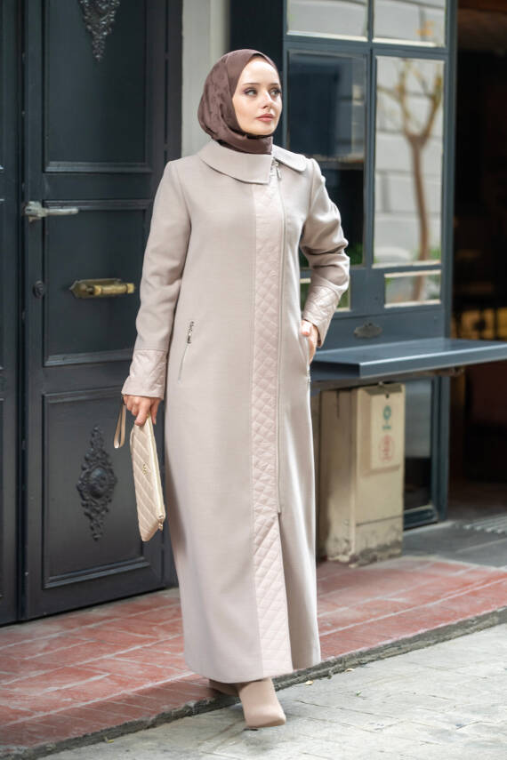 Mahza Kaşe Kumaş Maxi Boy Astarlı 135 cm Kaban 7663 Açık Kahve - 2