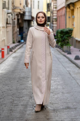 Mahza Kaşe Kumaş Maxi Boy Astarlı 135 cm Kaban 7663 Bej - Nihle