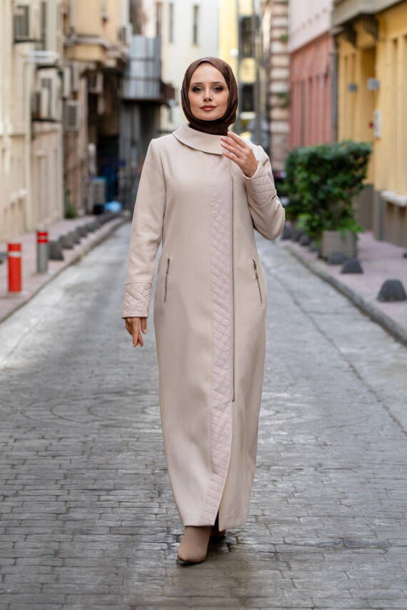 Mahza Kaşe Kumaş Maxi Boy Astarlı 135 cm Kaban 7663 Bej - 1