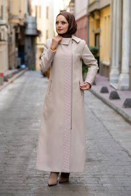 Mahza Kaşe Kumaş Maxi Boy Astarlı 135 cm Kaban 7663 Bej - 2