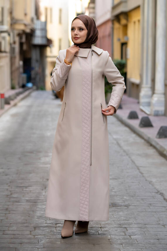 Mahza Kaşe Kumaş Maxi Boy Astarlı 135 cm Kaban 7663 Bej - 2