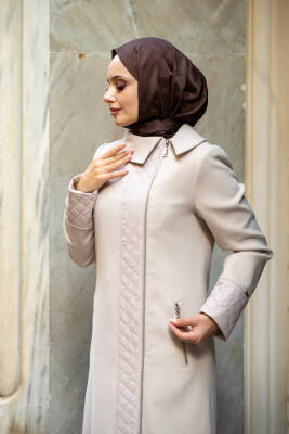 Mahza Kaşe Kumaş Maxi Boy Astarlı 135 cm Kaban 7663 Bej - 3