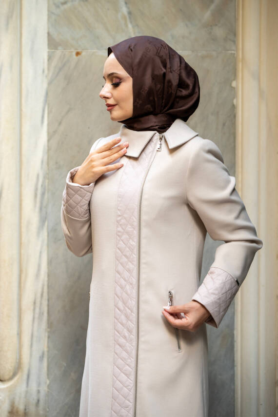 Mahza Kaşe Kumaş Maxi Boy Astarlı 135 cm Kaban 7663 Bej - 3