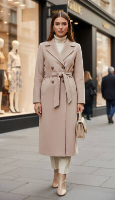 Mahza Kaşe Kumaş Önden Düğmeli 120 cm Astarlı Kaban 7669 Açık Kahve - Nihle