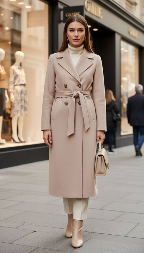 Mahza Kaşe Kumaş Önden Düğmeli 120 cm Astarlı Kaban 7669 Açık Kahve - 1