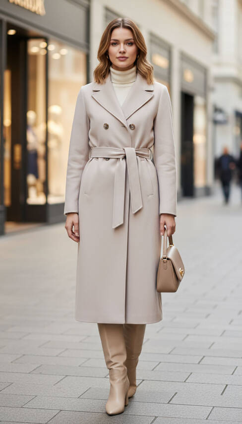 Mahza Kaşe Kumaş Önden Düğmeli 120 cm Astarlı Kaban 7669 Bej - 1