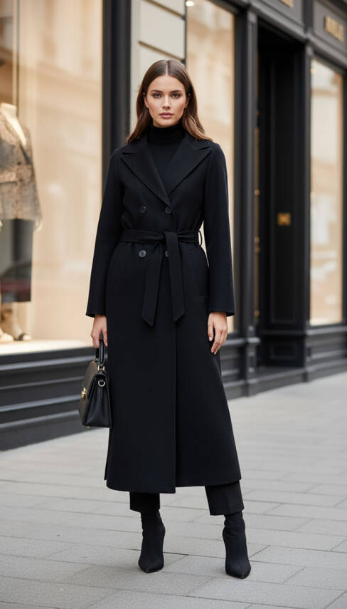 Mahza Kaşe Kumaş Önden Düğmeli 120 cm Astarlı Kaban 7669Siyah - 1