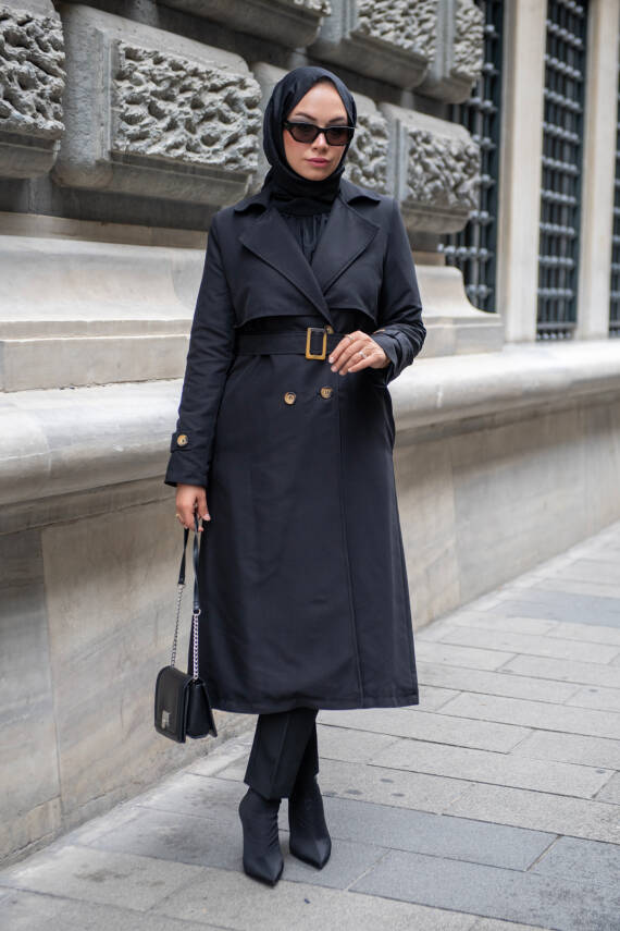 MAHZA MEVSİMLİK KLASİK 120 CM ASTARLI YENİ SEZON TRENÇKOT 7574 SİYAH - 1