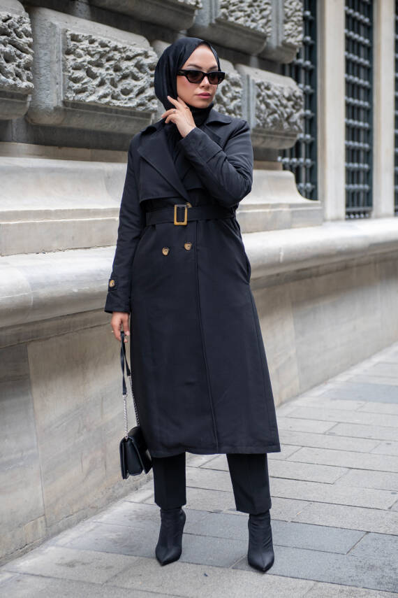 MAHZA MEVSİMLİK KLASİK 120 CM ASTARLI YENİ SEZON TRENÇKOT 7574 SİYAH - 2