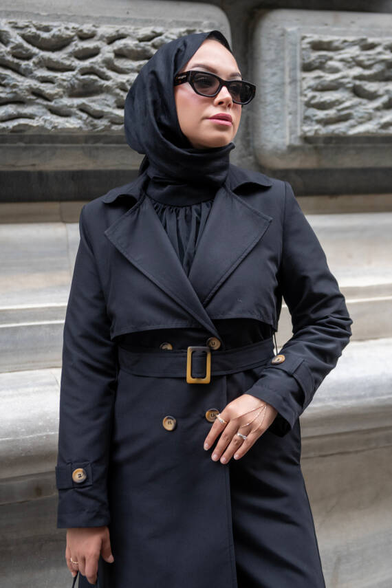 MAHZA MEVSİMLİK KLASİK 120 CM ASTARLI YENİ SEZON TRENÇKOT 7574 SİYAH - 3