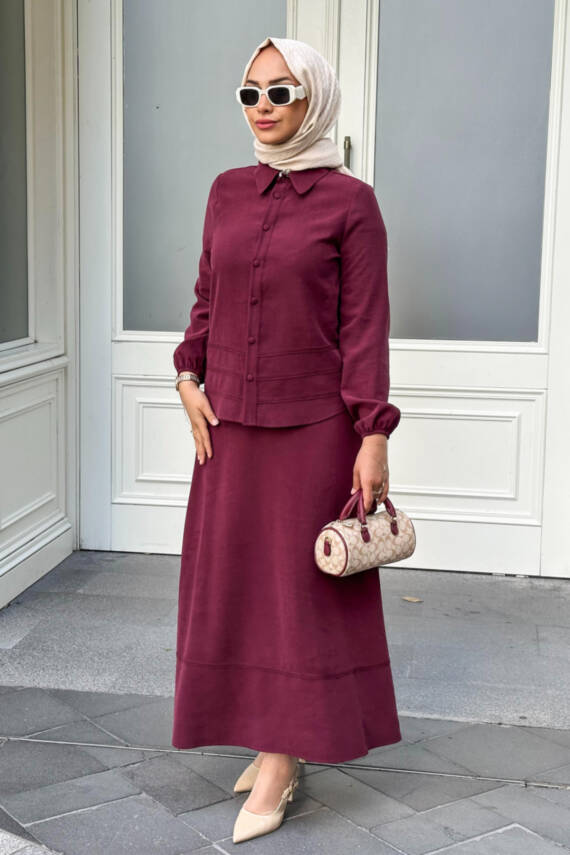 Mahza Modal Kumaş Broş Detaylı Yeni Sezon Etek Takım 8203- Bordo - 1