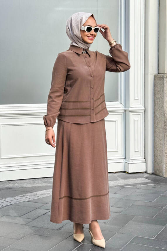 Mahza Modal Kumaş Broş Detaylı Yeni Sezon Etek Takım 8203- Bordo - 4