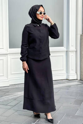 Mahza Modal Kumaş Broş Detaylı Yeni Sezon Etek Takım 8203- Bordo - 5