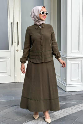 Mahza Modal Kumaş Broş Detaylı Yeni Sezon Etek Takım 8203 Haki - Nihle