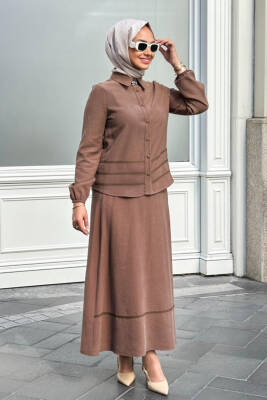 Mahza Modal Kumaş Broş Detaylı Yeni Sezon Etek Takım 8203- Kahve - 5