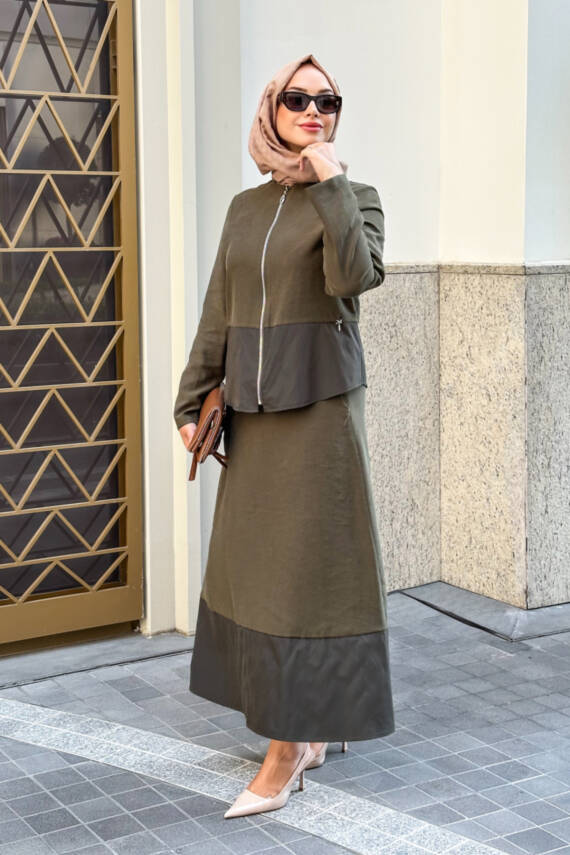 Mahza Modal Kumaş Etek Uçları Paraşüt Detaylı Premium Etek Takım 8204- Haki - 1