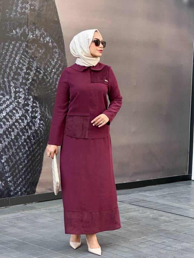 Mahza Modal Kumaş Süet Detaylı Yeni Sezon Etek Takım 8201 Bordo - 1