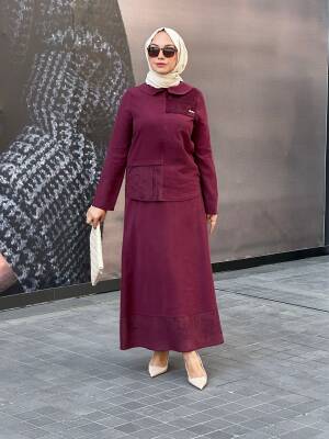Mahza Modal Kumaş Süet Detaylı Yeni Sezon Etek Takım 8201 Bordo - 2