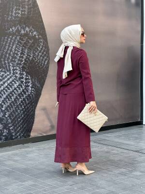 Mahza Modal Kumaş Süet Detaylı Yeni Sezon Etek Takım 8201 Bordo - 3
