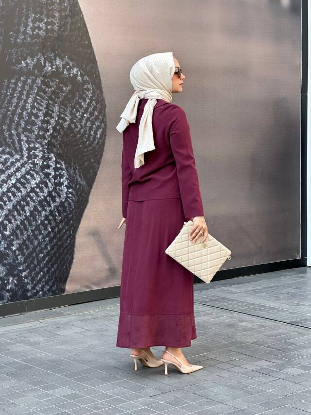 Mahza Modal Kumaş Süet Detaylı Yeni Sezon Etek Takım 8201 Bordo - 3