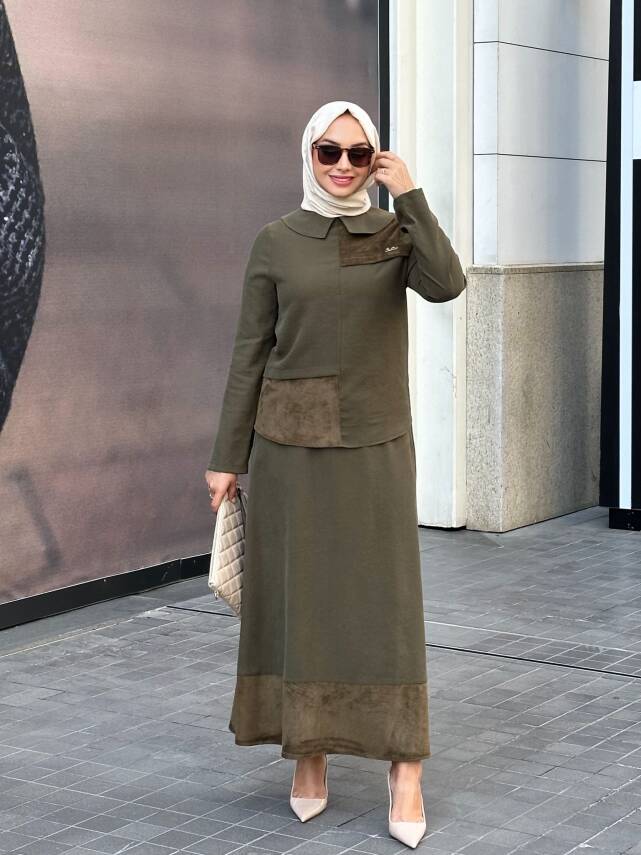 Mahza Modal Kumaş Süet Detaylı Yeni Sezon Etek Takım 8201 Haki - 1