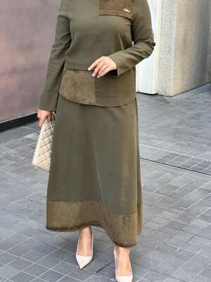 Mahza Modal Kumaş Süet Detaylı Yeni Sezon Etek Takım 8201 Haki - 2