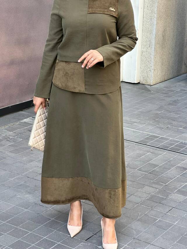 Mahza Modal Kumaş Süet Detaylı Yeni Sezon Etek Takım 8201 Haki - 2