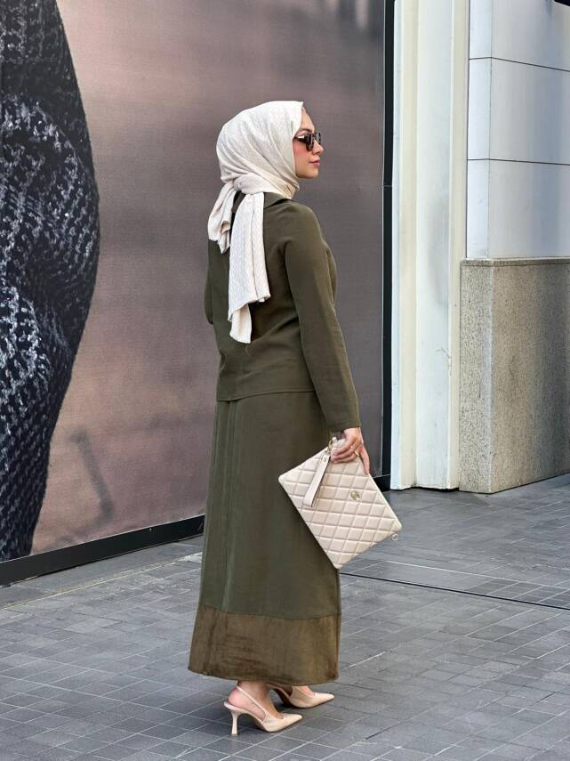 Mahza Modal Kumaş Süet Detaylı Yeni Sezon Etek Takım 8201 Haki - 3