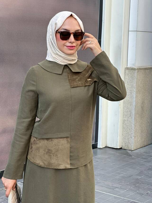 Mahza Modal Kumaş Süet Detaylı Yeni Sezon Etek Takım 8201 Haki - 4