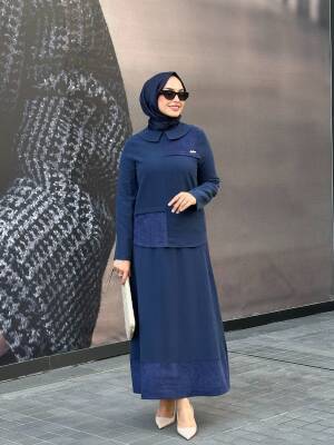 Mahza Modal Kumaş Süet Detaylı Yeni Sezon Etek Takım 8201 İndigo - Nihle