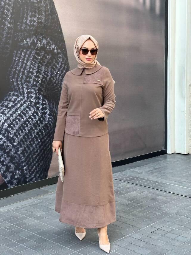  Mahza Modal Kumaş Süet Detaylı Yeni Sezon Etek Takım 8201 Kahve - 1