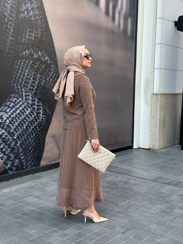  Mahza Modal Kumaş Süet Detaylı Yeni Sezon Etek Takım 8201 Kahve - 2