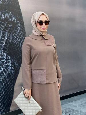 Mahza Modal Kumaş Süet Detaylı Yeni Sezon Etek Takım 8201 Kahve - 3