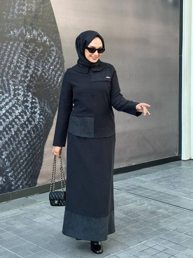Mahza Modal Kumaş Süet Detaylı Yeni Sezon Etek Takım 8201 Siyah - 1
