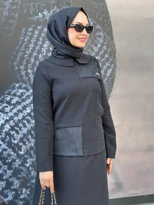 Mahza Modal Kumaş Süet Detaylı Yeni Sezon Etek Takım 8201 Siyah - 3