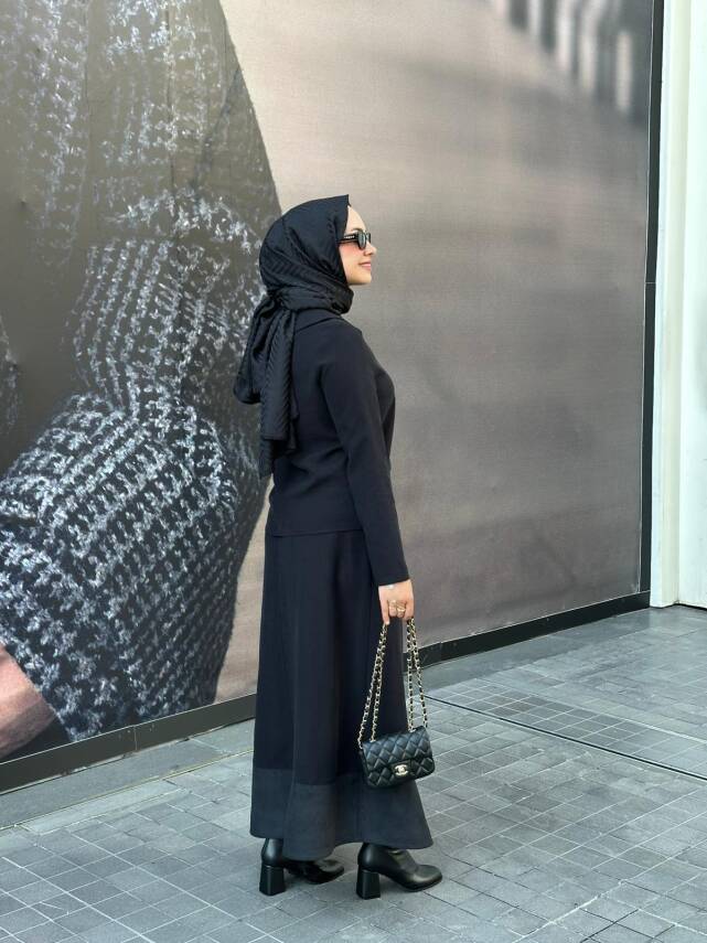 Mahza Modal Kumaş Süet Detaylı Yeni Sezon Etek Takım 8201 Siyah - 4