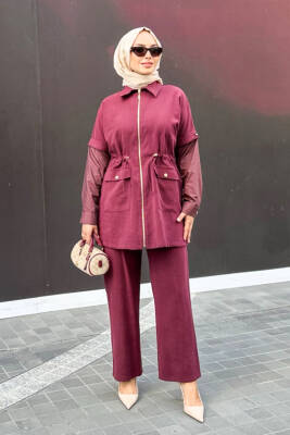  Mahza Modal Kumaş Yeni Sezon Garnili Spor Pantolon Takım 8202 Bordo - Nihle