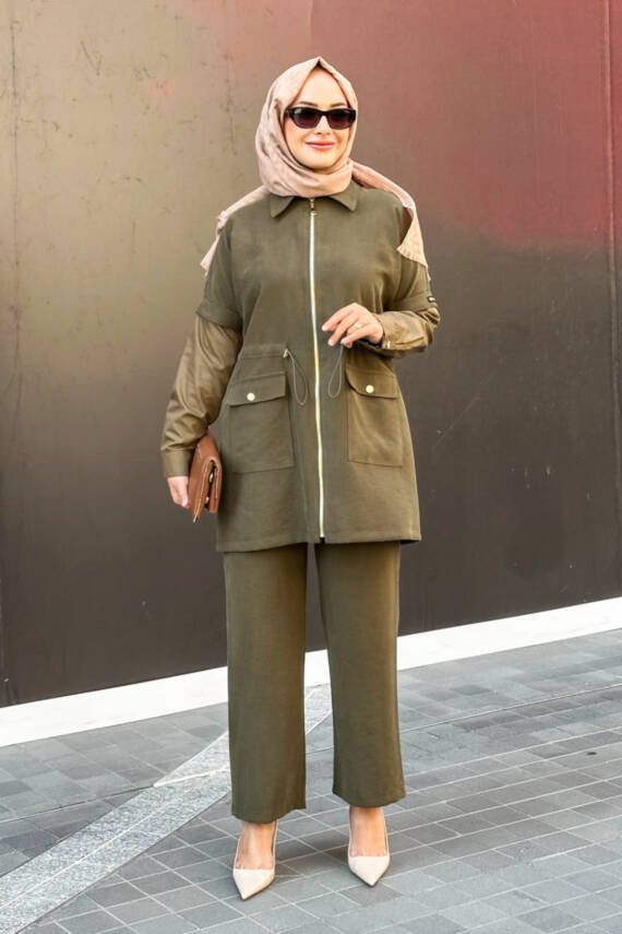  Mahza Modal Kumaş Yeni Sezon Garnili Spor Pantolon Takım 8202 Haki - 1