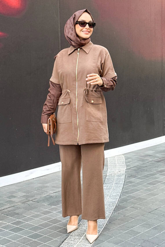 Mahza Modal Kumaş Yeni Sezon Garnili Spor Pantolon Takım 8202 Kahve - 1